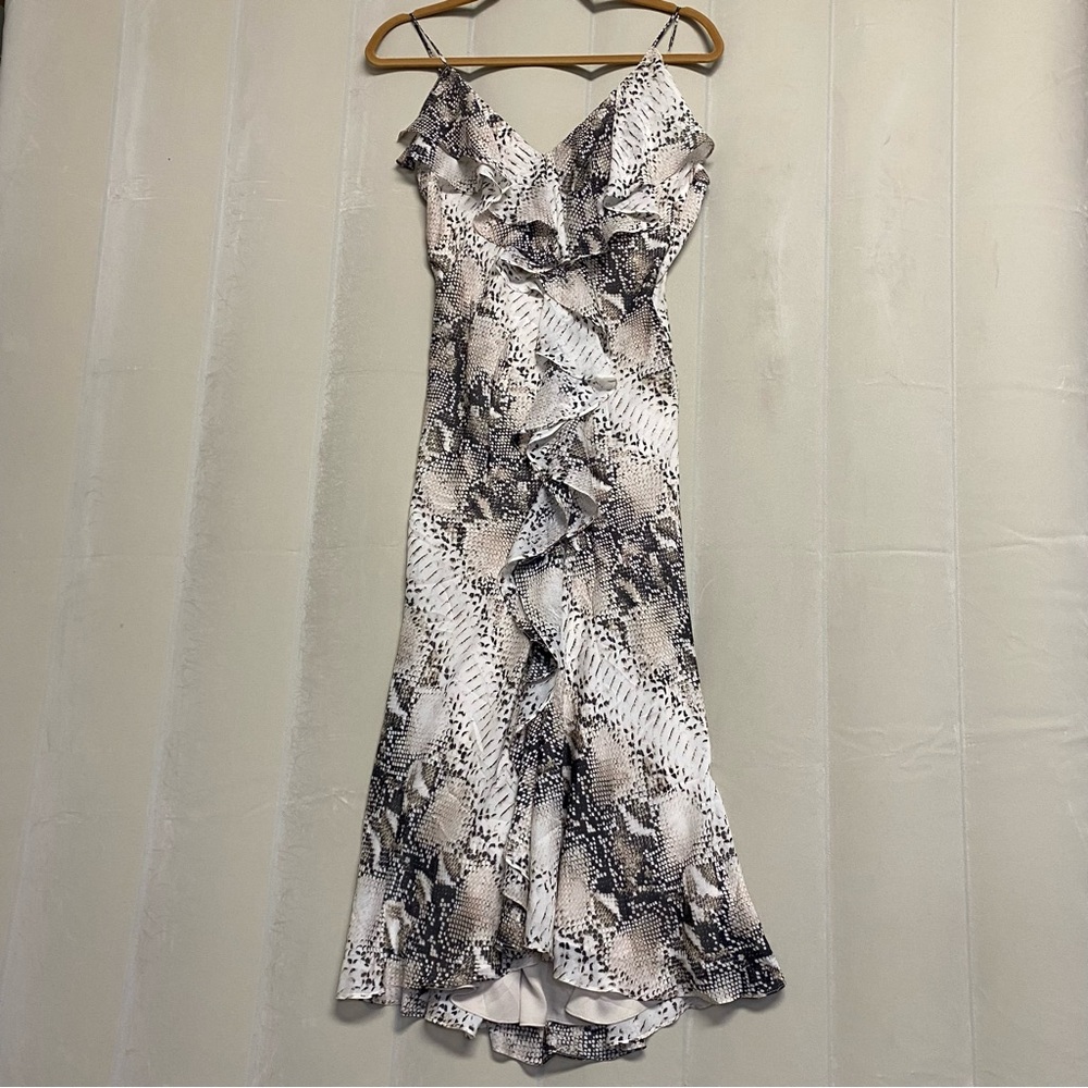 Haute Hippie Women’s Wrap Dress Small 100% Silk Midi Snakeskin Ruffles Feminine - Picture 3 of 12